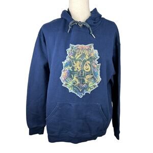 Harry Potter Hogwarts Sparkling Crest on Navy Fruit of the Loom Hoodie Size L